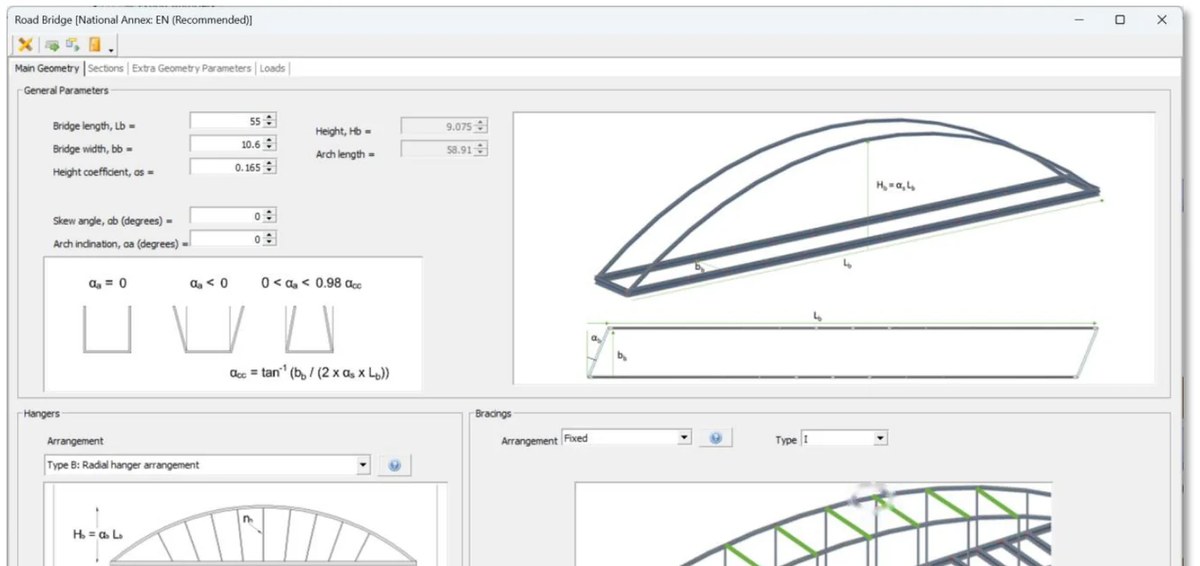 The BowstringPRO road bridge wizard: geometry parameters with live 3D previews